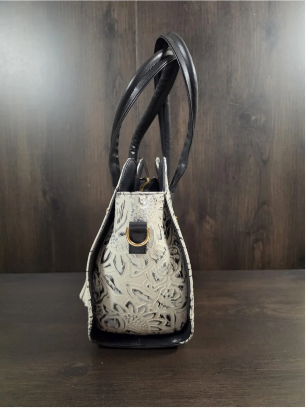 Black White Silver Embossed Tooled Artisan LEATHER Shoulder Bag Purse Crossbody